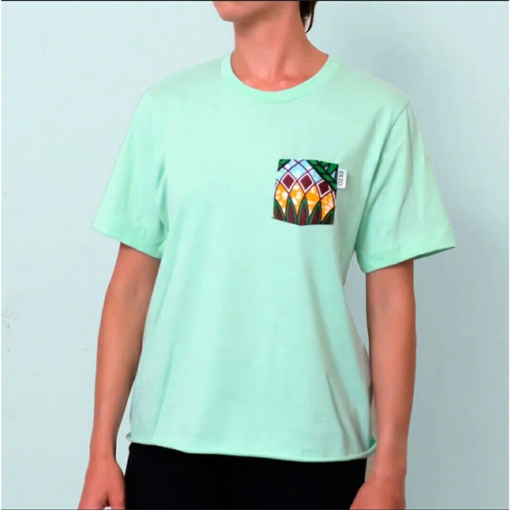 EKZO Ankara Crop Tee Mint T-Shirt African Wax‎ Fabric Size XL Colorful Pattern